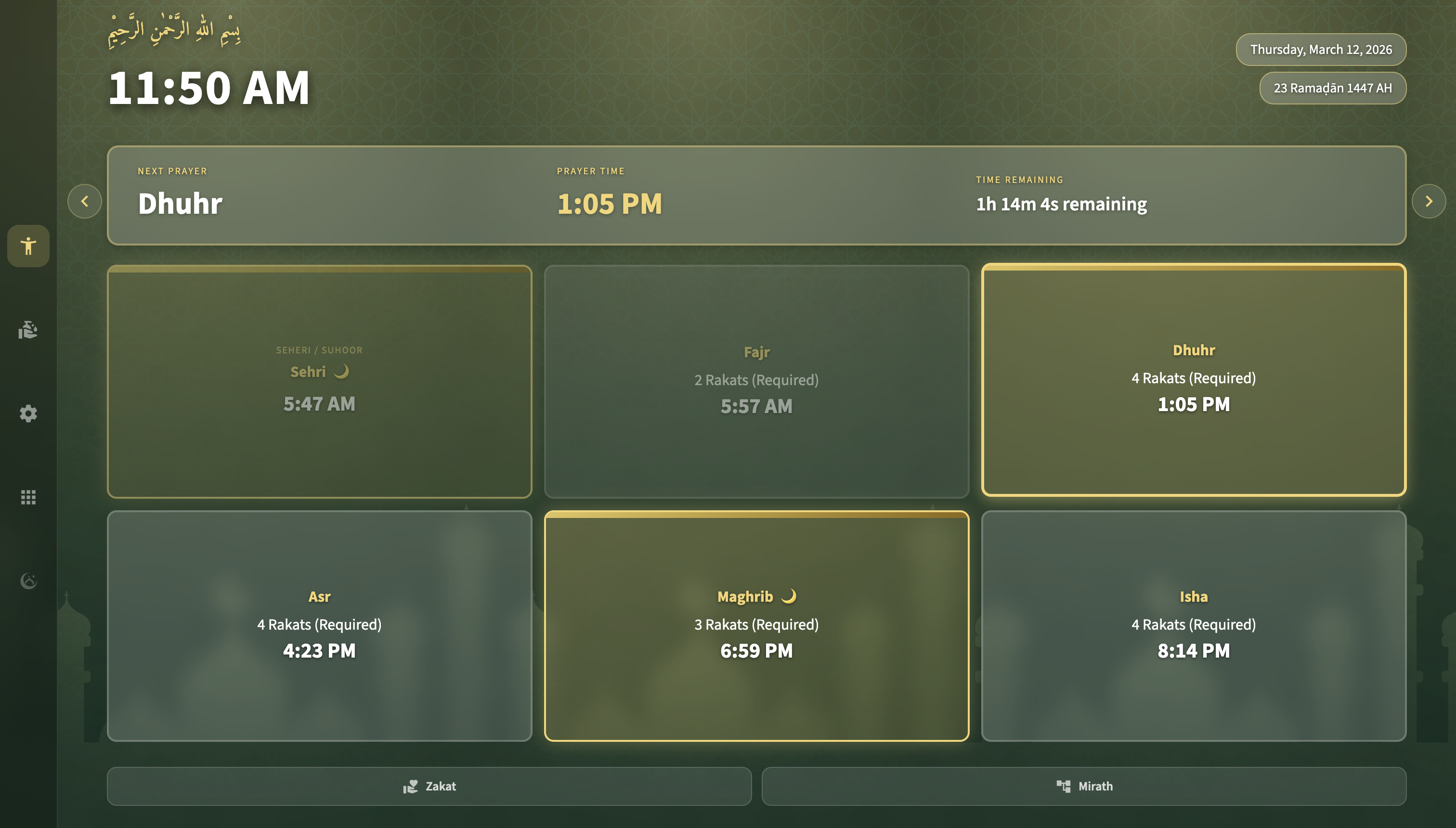 Nimazi dashboard with prayer countdown and daily prayer times