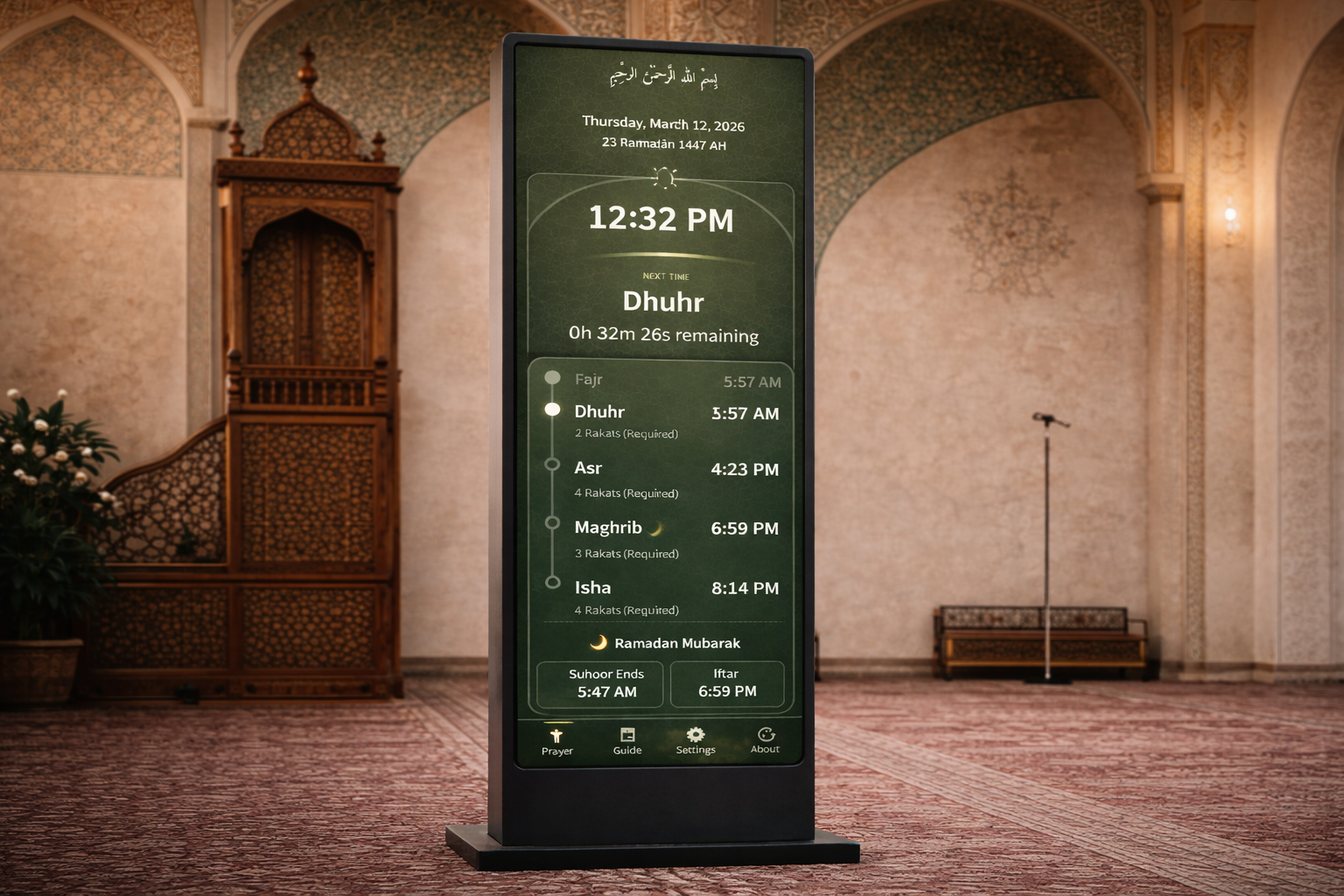 Nimazi installed as a PWA and displayed in mosque kiosk mode