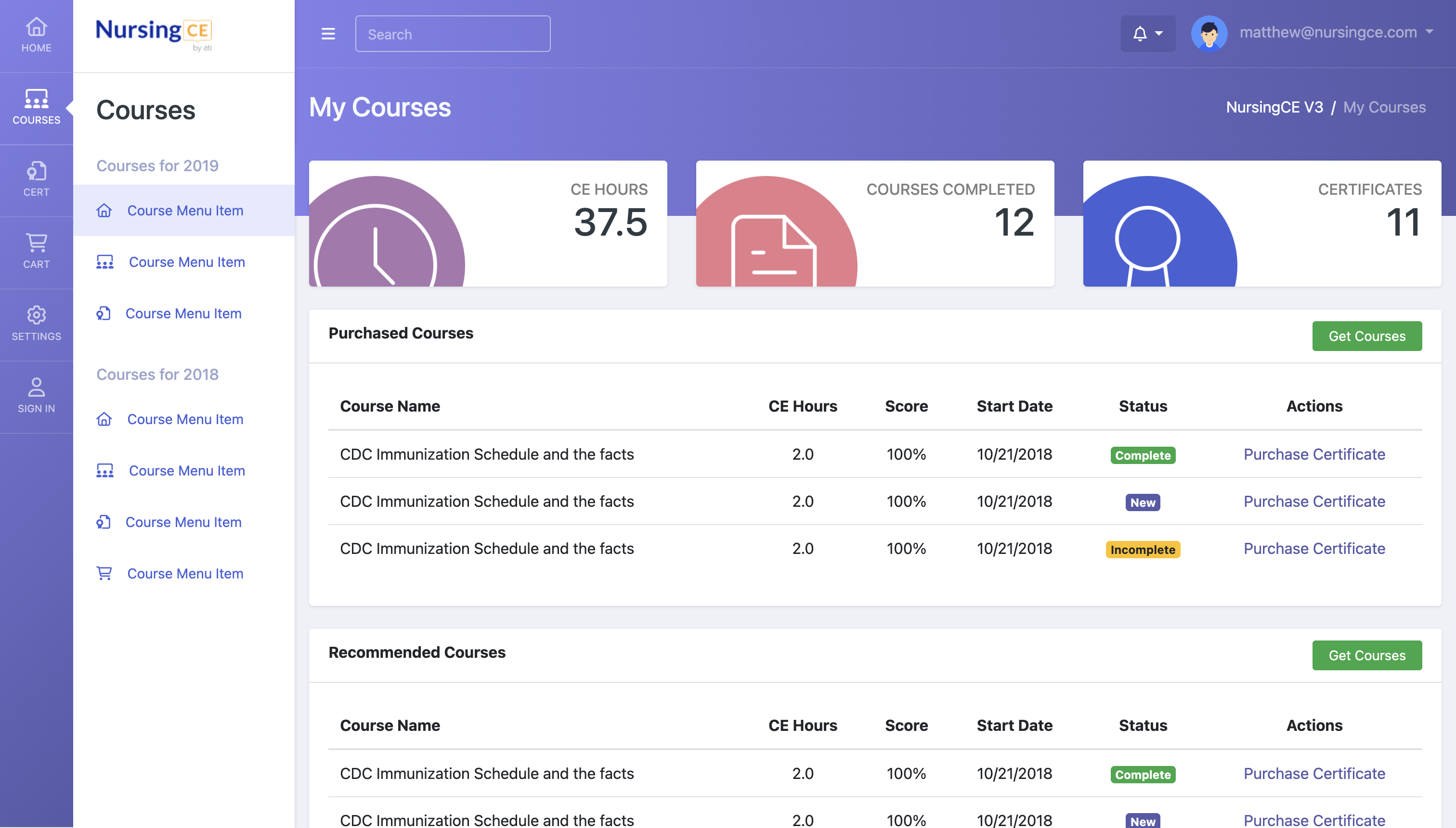 NursingCE personalized course catalog