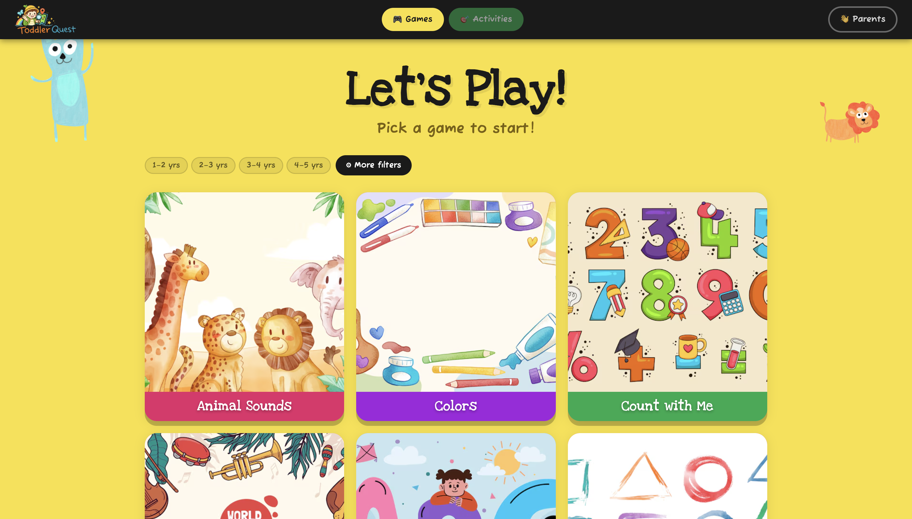 Redesigned ToddlerQuest homepage with games above the fold